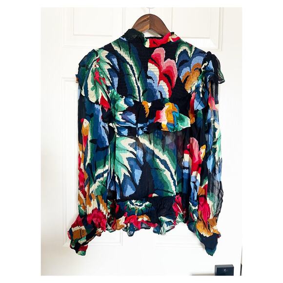 Farm Rio Chevron Tropical Forest Smocked Long Sleeve Blouse Black Small - Picture 3 of 10